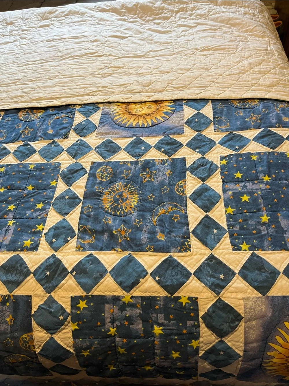 Celestial Sun & Moon Blue Patchwork Quilt Queen Size 86x94 handmade no tag/maker